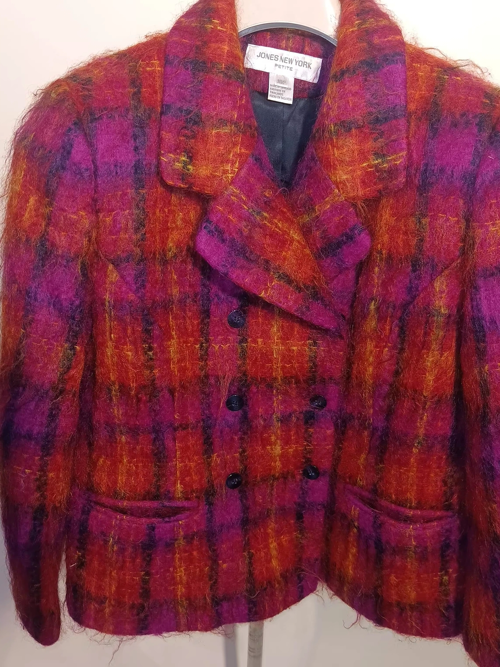 Jones New York Petite Red & Purple Plaid Mohair Blend Double-Breasted Jacket